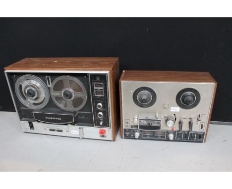 REEL TO REEL RECORDERS - an Akai 4000DS reel to reel recorder and a Panasonic Automatic Reverse RS-790AD. Wooden frame.