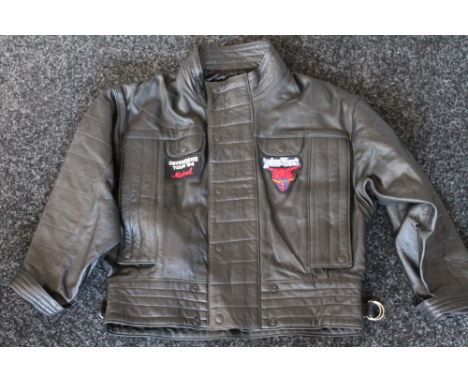 JUDAS PRIEST - black leather crew jacket from their 1984 Defenders tour.  With Judas Priest logo patch on left breast and Def