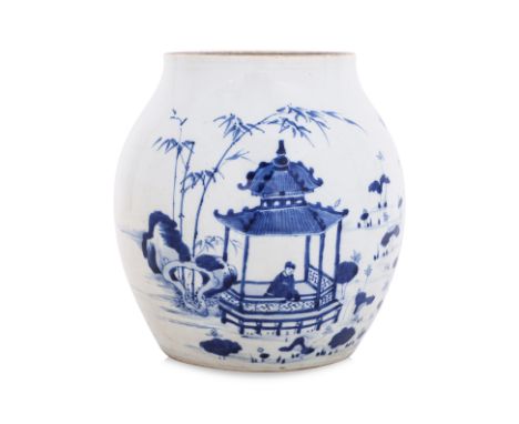 A BLUE AND WHITE PORCELAIN OVOID JAR
Probably 19th century, decorated with a continuous scene of figures wading, picking lotu