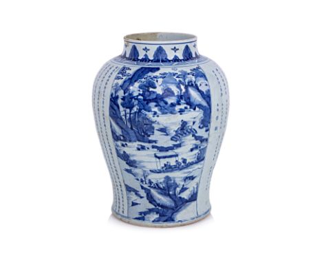 A LARGE BLUE AND WHITE 'PRINCE TENG'S PAVILLION' BALUSTER PORCELAIN JAR
Probably 18th century, the body divided into four pan