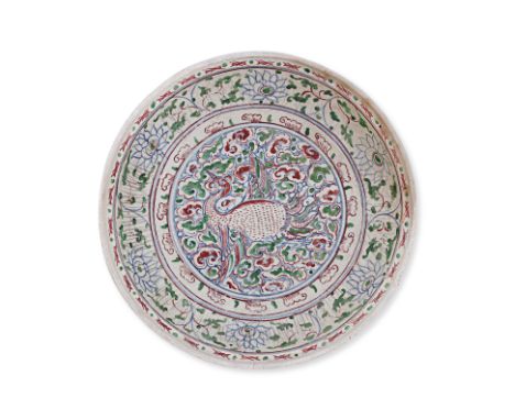 A VIETNAMESE POLYCHROME BIRD DISH Circa 14th/15th century, circular dish decorated bird flying through clouds, overglaze red 