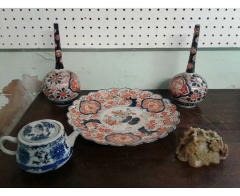 together with an Imari plate, blue and white teapot and carved soapstone bowl 