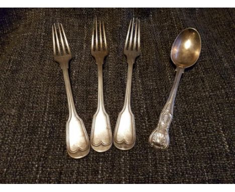 the shell pattern spoon, London, 1872, together with three Continental white metal dinner forks 
