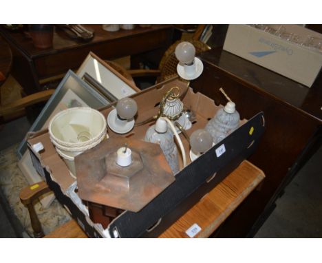 An Arts &amp; Crafts coppered porch lantern; a porcelain ceiling light; and two mottled glass light shades