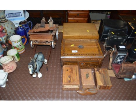 A Victorian walnut and inlaid trinket box  AF; various other boxes and a shoe snuff box 