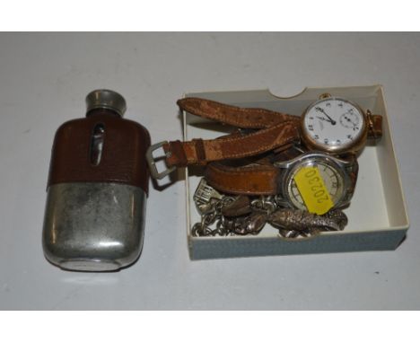 A gold plated wrist watch; together with a small hip flask; silver charm bracelet and one other wrist watch