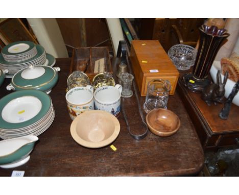 A vintage light oak filing nest; an oak two division cutlery tray; two large commemorative mugs etc.
