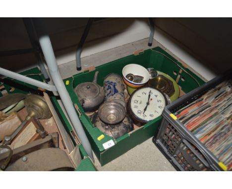 A box of various sundry items to include a Smiths wall clock, tankard, silver plated items etc. 