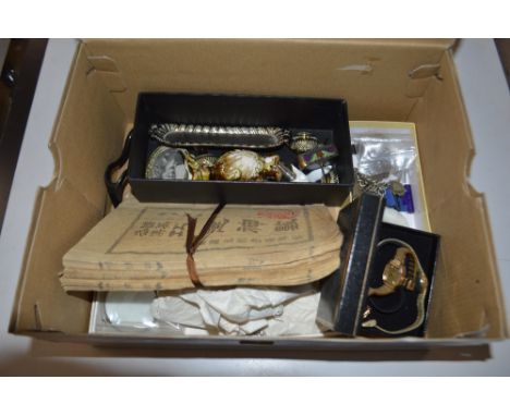 A box containing two ladies Rotary wrist watches; silver plated pin dish; brass framed miniature; badges; watch chain etc.