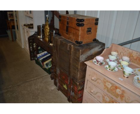Two wooden packing cases; and a pine trunk