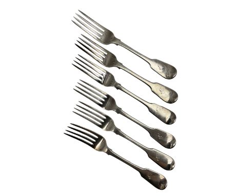 Set of six George IV silver fiddle pattern table forks engraved with initial 'P' London 1824 Maker William Chawner 13oz