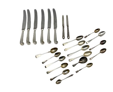 Set of six silver pistol handled table knives London 1976, silver caddy spoon Sheffield 1918, five teaspoons London 1798 and 