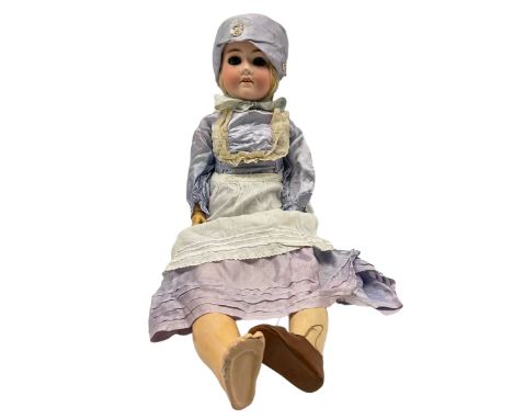 Schoenau and Hoffmeister bisque head doll with sleep eyes, open mouth, teeth, jointed composition limbs in purple dress