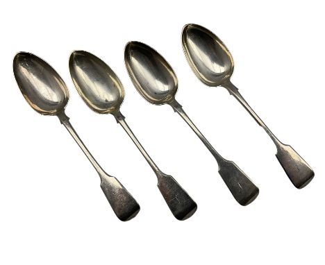 Set of four Victorian silver fiddle pattern table spoons engraved with initial 'L' Exeter 1857 Maker John Stone 7oz