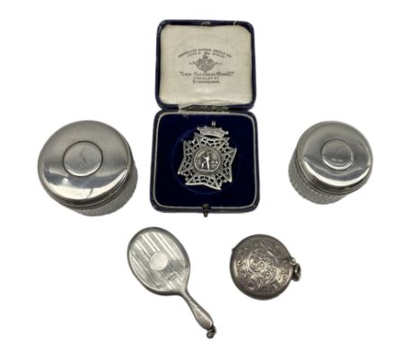 Edwardian circular silver vesta by Charles Lyster &amp; Son, Birmingham 1907, Victorian silver cricket fob medal by S. Bros, 