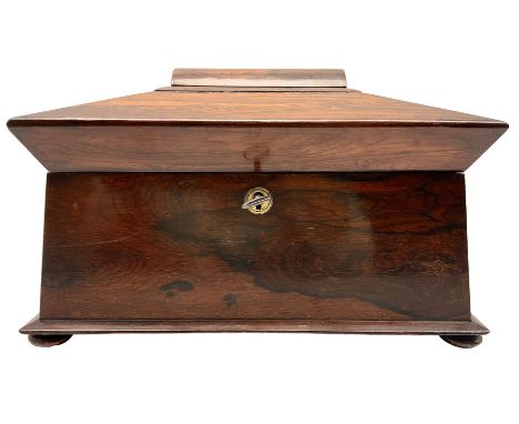 Victorian rosewood sarcophagus form tea caddy, top opening to reveal a fitted interior having central mixing bowl flanked by 