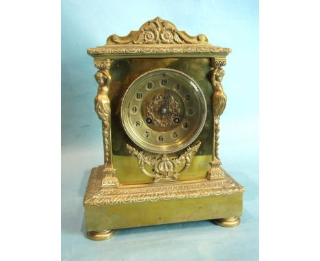 A 19th century French brass mantel clock of caryatid architectural form, with French gong-striking movement by Marti, 29cm hi