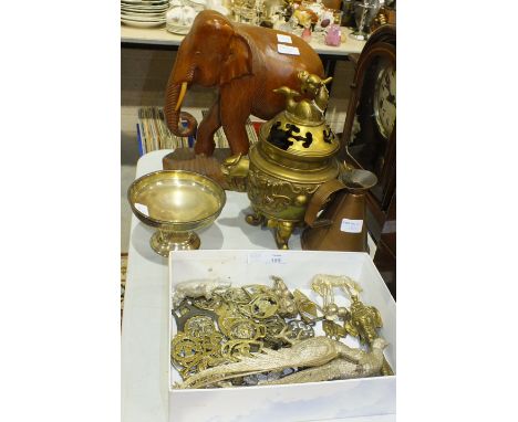 An early-20th century Oriental bronze censer, the pierced lid (a/f) with dragon finial, with applied decoration depicting a d