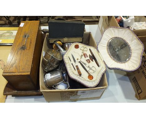 A three-piece plated tea service, other plated ware and miscellaneous items.
