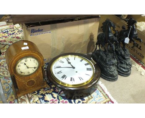 A Late-Victorian mahogany brass-bound writing box, 50cm wide, a pair of spelter Marly horse figures and a modern circular wal
