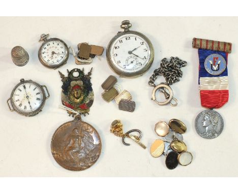 Three pocket watches, (all a/f), a French "Pro Patria, Souvenir du Tirage au Sort" medallion, a silver thimble and other item