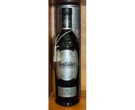 A bottle of Glenfiddich Caoran Reserve Single Malt Scotch Whisky, aged 12 years, 70cl, 40% vol, in metal sleeve.