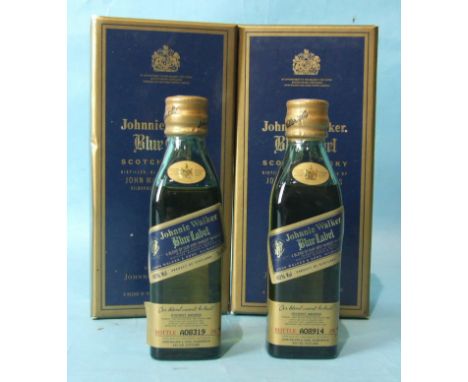 Johnnie Walker, two Blue Label Scotch Whisky miniatures, no.s A08914 and A08319, 40% vol, 5cl, in boxes, (2).