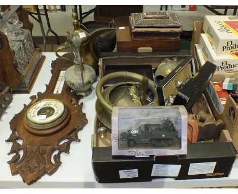 An oak aneroid barometer/thermometer, two wooden boxes, a collection of brass and other metalware.