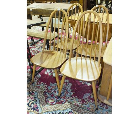 A set of four Ercol light elm stick-back chairs and a drop-leaf table, (5).