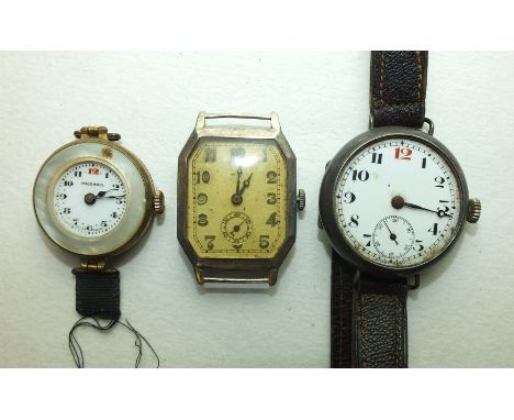 A silver trench-cased wrist watch, (a/f), a 1930's silver octagonal-cased wrist watch with Rotary movement and a ladies wrist