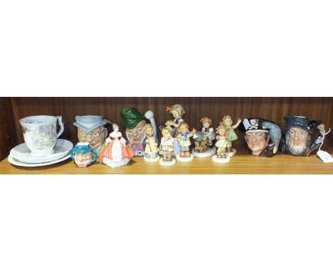 A collection of seven Hummel figures, including 'Doll Bath', 'Morning Stroll', 'Pigtails', two Royal Doulton small character 