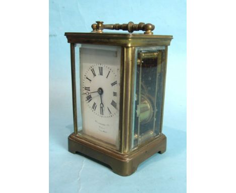 A 19th century French brass repeating carriage clock striking on a gong, enamel dial damaged, marked 'Waterhouse &amp; Co, Du