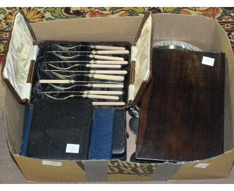A collection of loose and boxed plated cutlery, a rosewood box (a/f) and a small quantity of hand tools contained in a small 