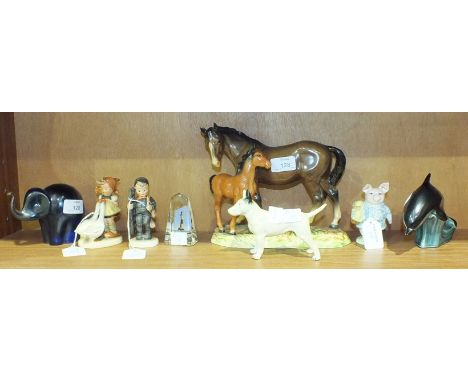 A Beswick 'Mare and Foal' on base, 2nd version, (small chip to mare's ear), a Poole dolphin, a Wedgwood blue glass elephant p