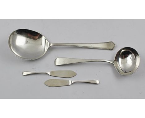 SOLOMON HOUGHAM A GEORGE III SILVER SAUCE LADLE, London 1807, together with an Art Deco design silver SERVING SPOON and a pai