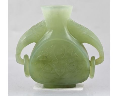 A LATE 20TH CENTURY JADE TWO-HANDLED VASE, with ring mounts, 6cm high 