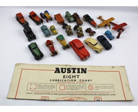 A COLLECTION OF THIRTEEN EARLY DIE-CAST VEHICLES, including Tootsietoy Sports, Meccano Hornby Series Tractor, Aeroplanes and 