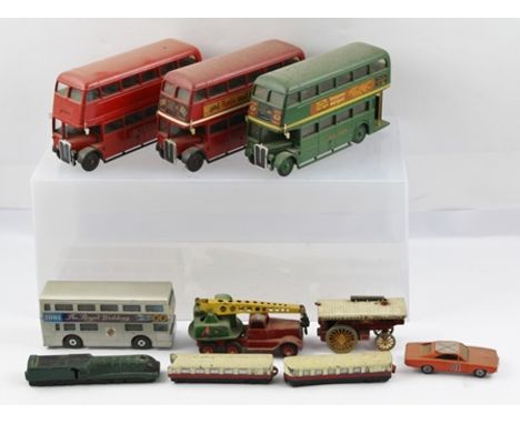 A COLLECTION OF DIE-CAST VEHICLES including; Matchbox Series steam engine, bus, car, Crescent recovery truck, Dinky Toys trai