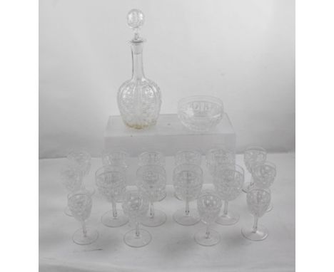 A PART SUITE OF WEBBS CUT GLASS, includes decanter with stopper, finger bowl and sixteen assorted stemmed table glasses 