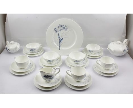 VILLEROY & BOCH A "BLUE MEADOW" PATTERN BONE CHINA PART TEA SET, comprising teapot, sugar bowl, milk jug, serving plate, 8 x 