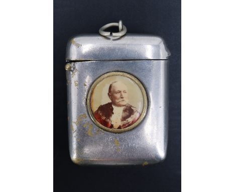 An Edwardian electroplate and celluloid fob vesta case bearing a portrait and inscription "Ralph Slazenger, Sheriff of London