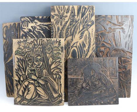 Janka Malkowska (1912 - 1997) Six woodcut printing blocks, four of which cut front and verso, depicting children and nature, 