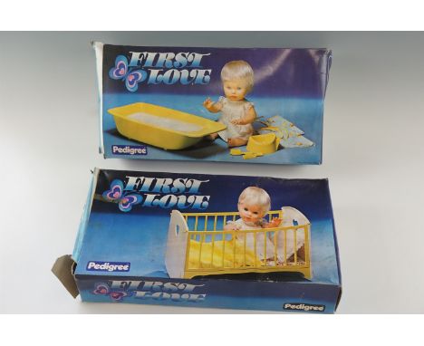 Two vintage boxed Pedigree "First Love" dolls accessory sets, "First Love Bath Set" and "First Love Cot"