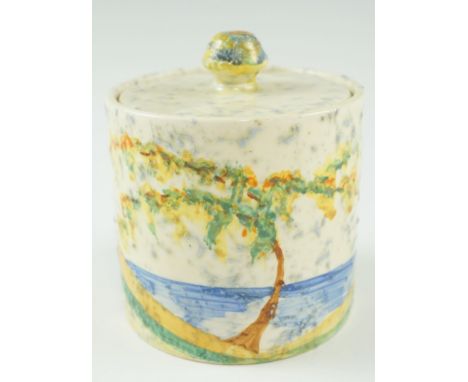 A 1930s Clarice Cliff "Bizarre" Patina Coastal covered honey pot / drum jar, provisional patent number 23385, 9.5 cm