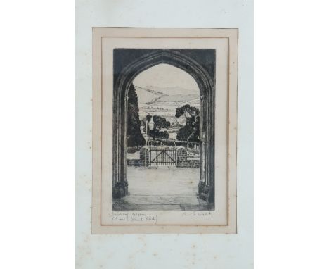 Dunkery Beacon, from church porch, drypoint etching, signed, in card mount and ebonised frame under glass, 21 cm x 30 cm over