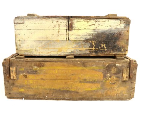 Two vintage pine ammunition crates, largest 88 x 29 x 30 cm