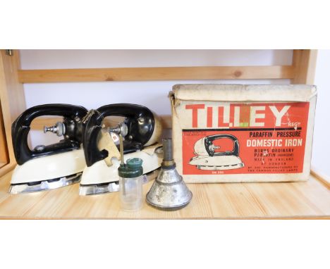 Two vintage 'Tilley' pressurised paraffin irons, one boxed