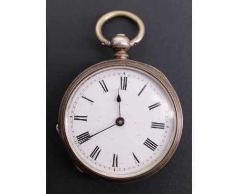 A late 19th Century lady's white metal cased fob watch, having a Swiss key-wound movement and porcelain face with Roman numer