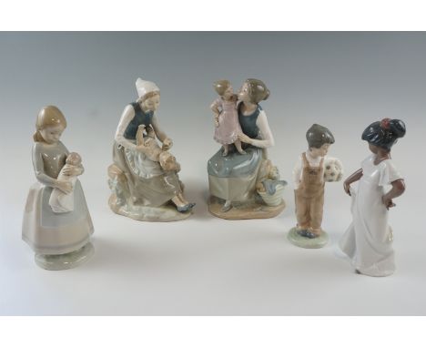 Five Nao figurines, comprising mothers and children, tallest 24 cm