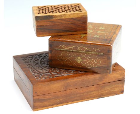 Three vintage Middle Eastern / Indian brass inlaid hardwood table boxes, largest 14 x 11 x 4 cm